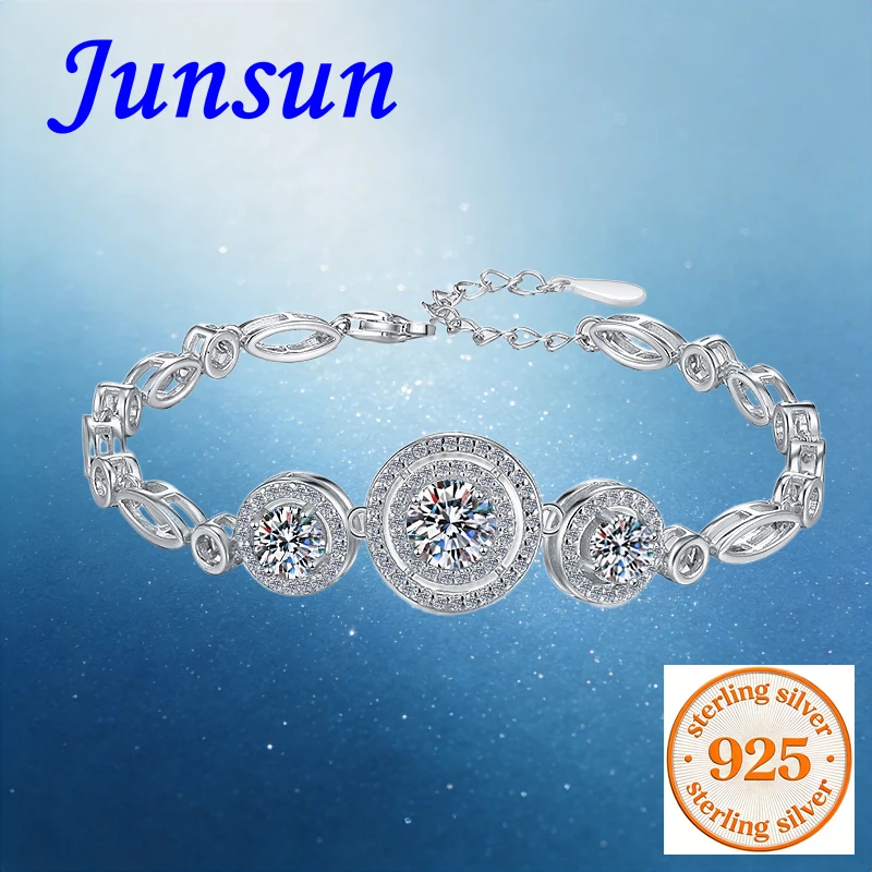 Junsun 2ct Moissanite Diamond D Color 3 Stones Bracelet for Women S925 Sterling Silver with Certificate Fine Jewelry Wife