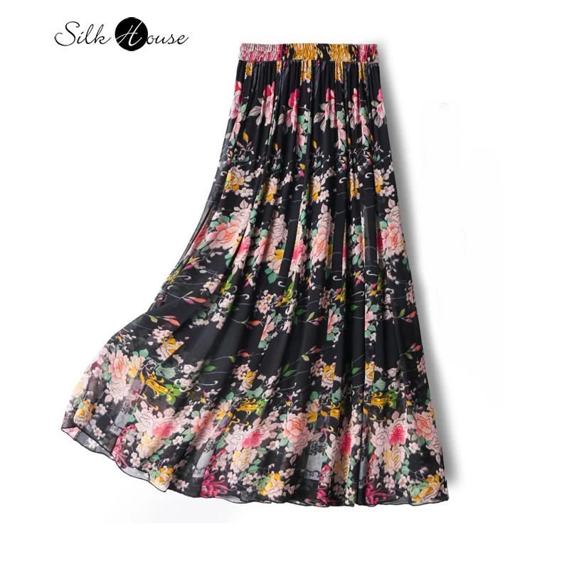 

Women's Casual Vacation Style 100% Natural Mulberry Silk Georgette Positioning Printing A-line Large Swing Beach Skirt