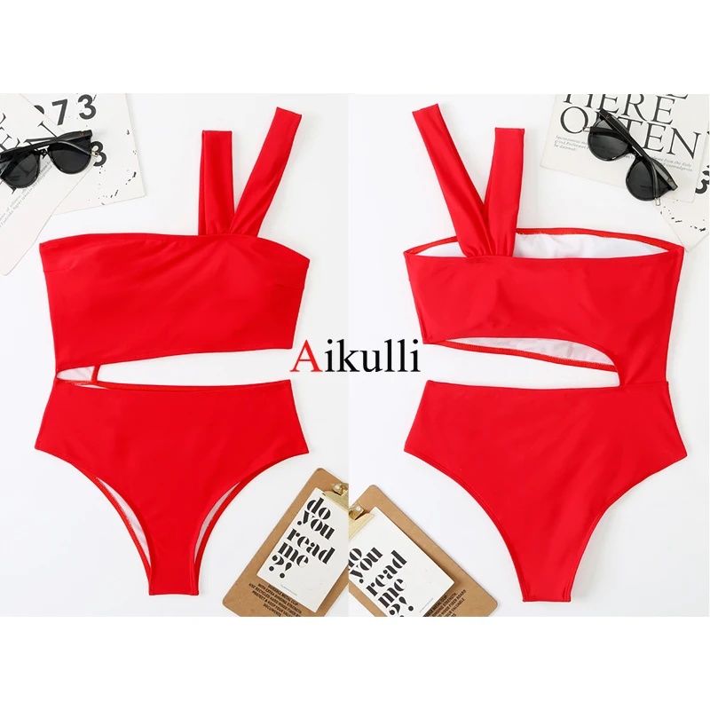 2023 Sexy One Shoulder One Piece Swimsuit Women Solid High Waist Cut Out Swimwear Woman Beachwear Monokini Bodysuit Bathing Suit