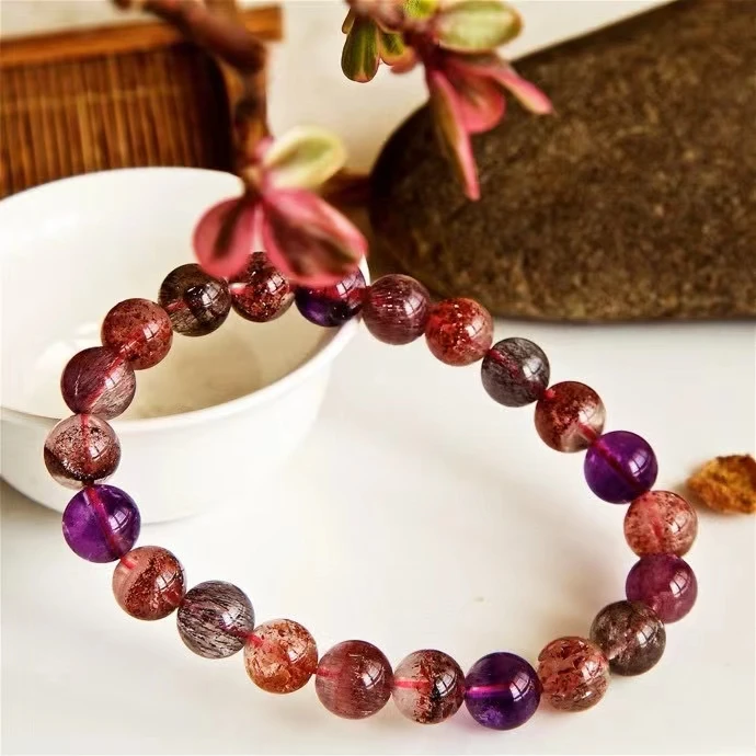 

8.8mm Genuine Natural Purple Super 7 Seven Red Lepidocrocite Quartz Bracelet Jewelry Woman Men Rutilated Quartz Beads AAAAAAA