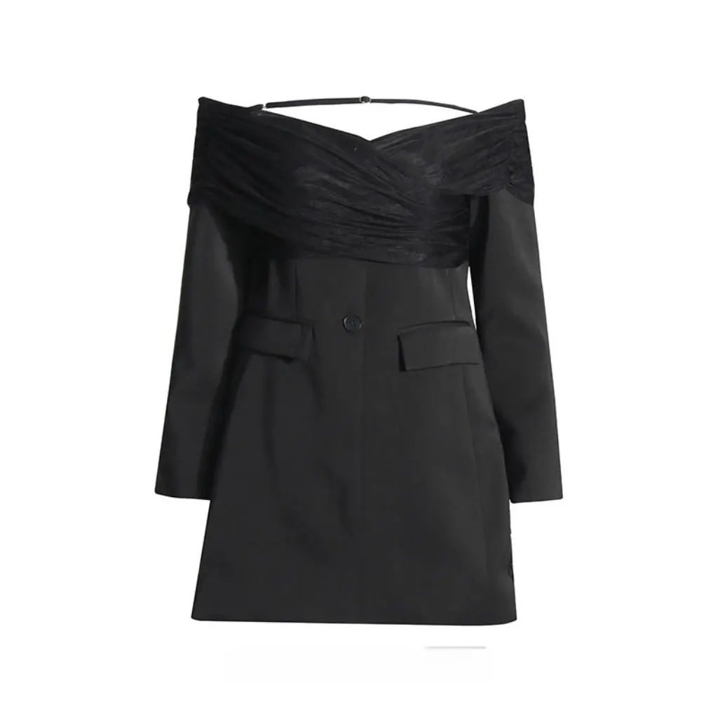 

Elegant One-Shoulder Waist Slimming Top for Women Spliced Gauze High-End Suit Jacket New Style Fashionable