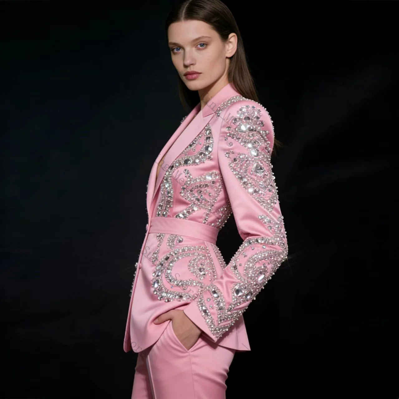Spring Pink Women Suit Set 2 Pcs Blazer+Pants Trousers Crystals Customized Formal Office Wedding Tuxedos Coat Prom Jacket image 5