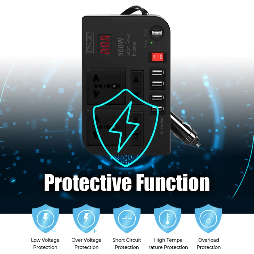 Car Inverter 4 USB Ports 4 AC Sockets DC 12V to AC 220V Converter 300W ON/OFF Switch Power Adapter Overload Protection