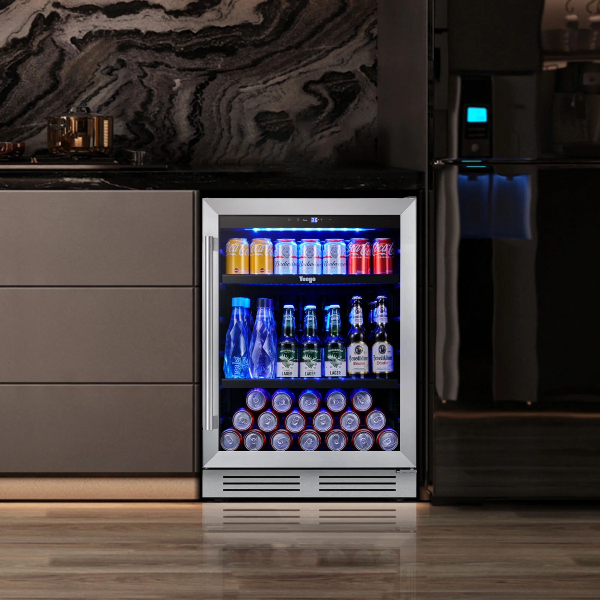 Yeego 140-Can مبرد المشروبات والثلاجة - تبريد الضاغط، 34-54 ° باب فولاذي F، مدمج هادئ/قضيب قائم بذاته للمنزل والبار