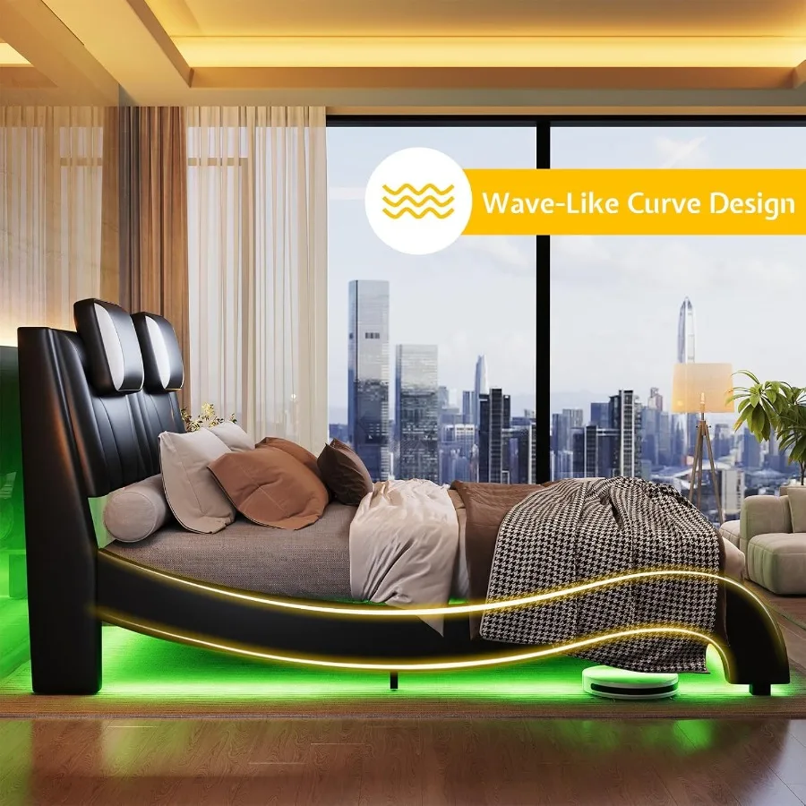 إطار سرير LED كامل الحجم مصنوع من الجلد الصناعي ومموج مثل تصميم منحنى لا حاجة إلى صندوق زنبركي باللون الأسود