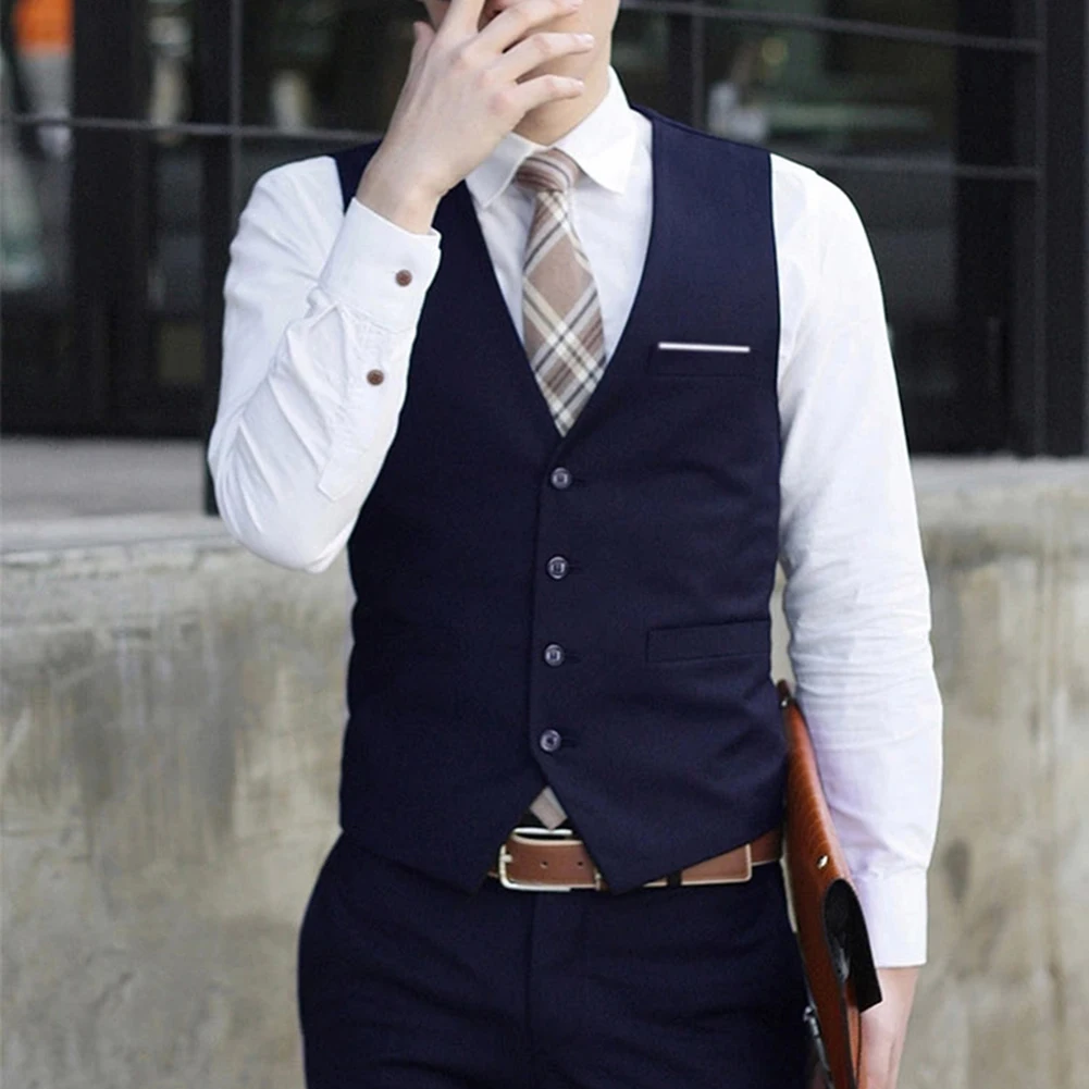 Business Office Men Waistcoat 4 Buttons V-Neck Sleeveless Waistcoat lightweight Fit Working Wedding Vest colete masculino