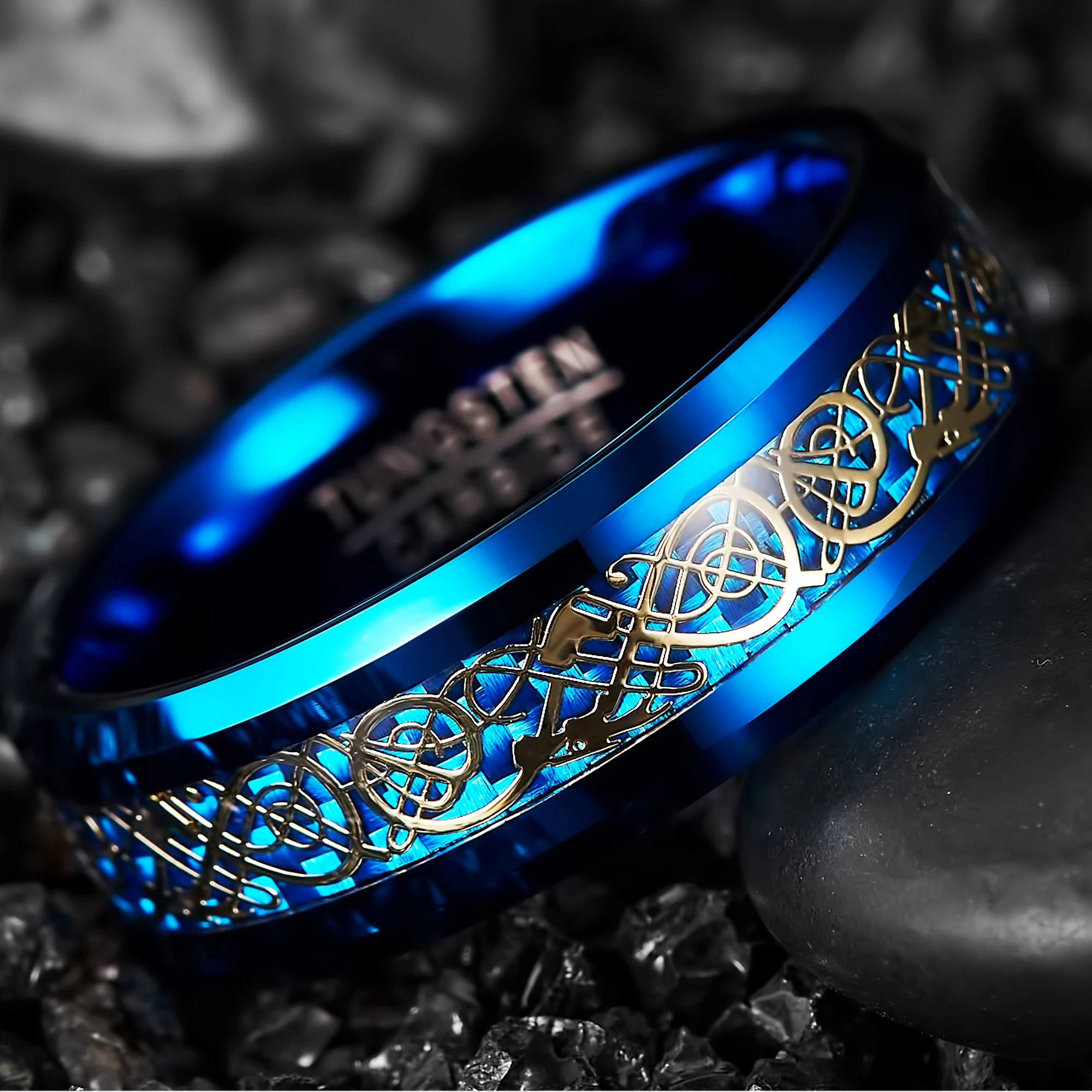 JQUEEN 8mm Men\'s Tungsten Carbide Ring Celtic Dragon Wedding Ring Band Blue/Black Carbon Fiber Engagement Ring Size 5-14