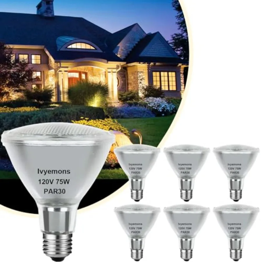 Halogen PAR30 Long Neck 75W 120V 800LM, 6 Pack High Output Halogen PAR30 Dimmable 2800K Warm White with E26 Base, Long Lifespan