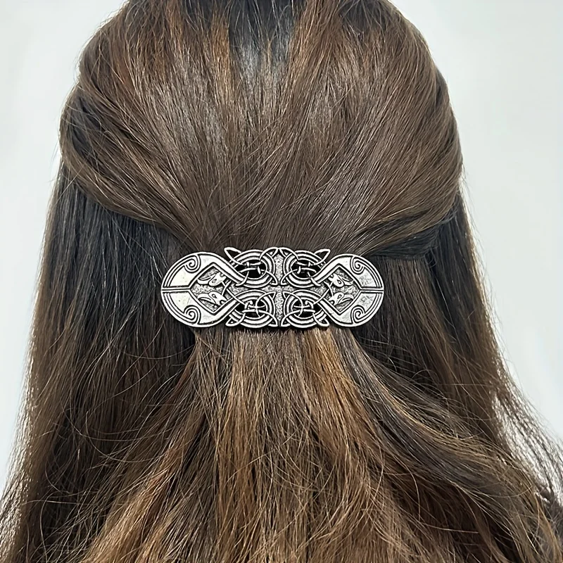 1pc Vintage Silvery Hair Clip Viking Style Barrette Back Head Hair Clip Irish Symbol Pattern Hair Clip Women's Hair Accessories