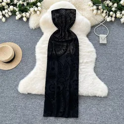 Vintage Strapless Elegant Print Basics Sleeveless Slim Long Flocking Dresses French Fashion Evening High Street Elastic Clothing