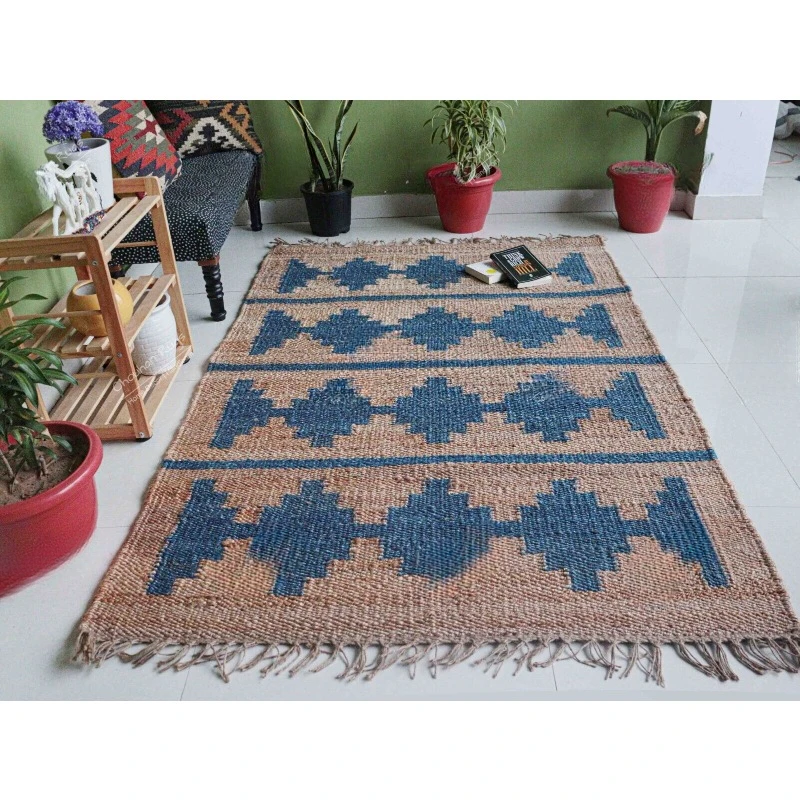 Handwoven Beige Hemp Jute Rug & Blue Design Rug with Fringes Jute Rug Decor Room