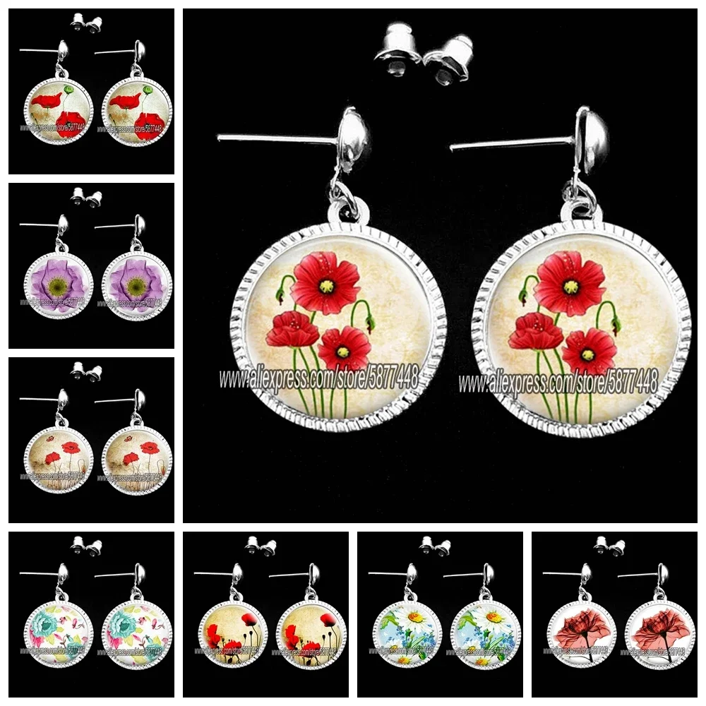 Red Poppies Flowers Women Dangle Earrings Vintage Red Flower Rose Girl Drop Earrings Stud Earrings Gift for Girlfriend or Wife