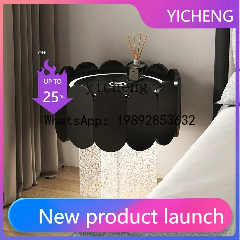 X1  smart three-color light wireless charging bedside table acrylic stone pattern minimalist solid wood bedroom storage