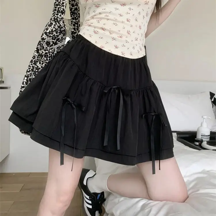 Bow-tie fluffy skirt for women in summer ballet style black slimming A-line short skirt anti-exposure culottes