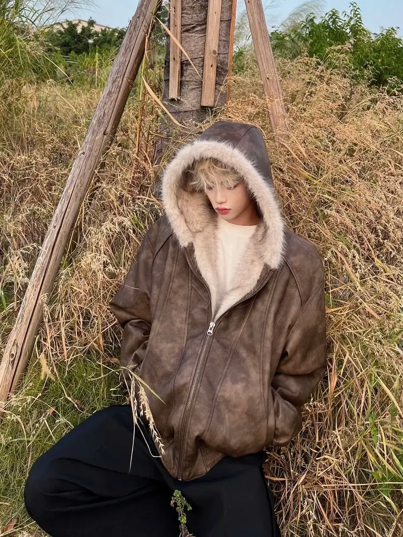 الشتاء 2000s الجمالية فو الفراء طوق سترات الرجعية الرجال Y2k زمم مقنعين ثقافة فرعية Harajuku خمر معاطف بلوزات #2