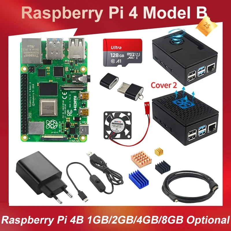 

Official Raspberry Pi 4 8GB 4GB 2GB Kit Power Adapter ABS Case 32G 64G 128G Card Reader Heat Sink for Raspberry Pi 4 Model B