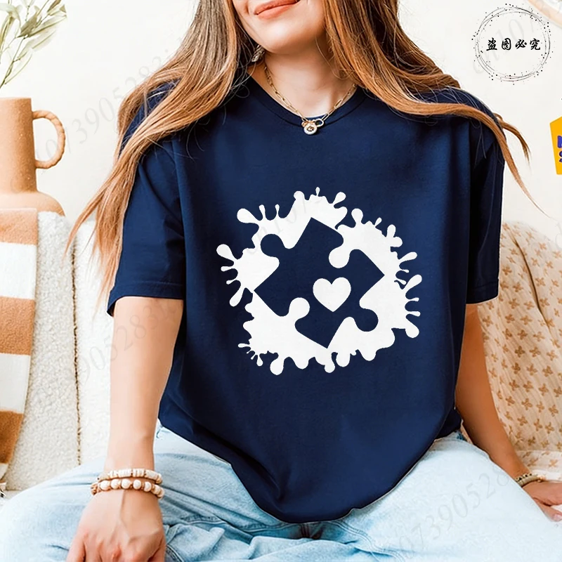 Women's Autism Awareness T-shirts Puzzle Graphic O Neck Short Sleeve 2026 Casual Fashion Daily Wear Autism Advocacy Support Tees