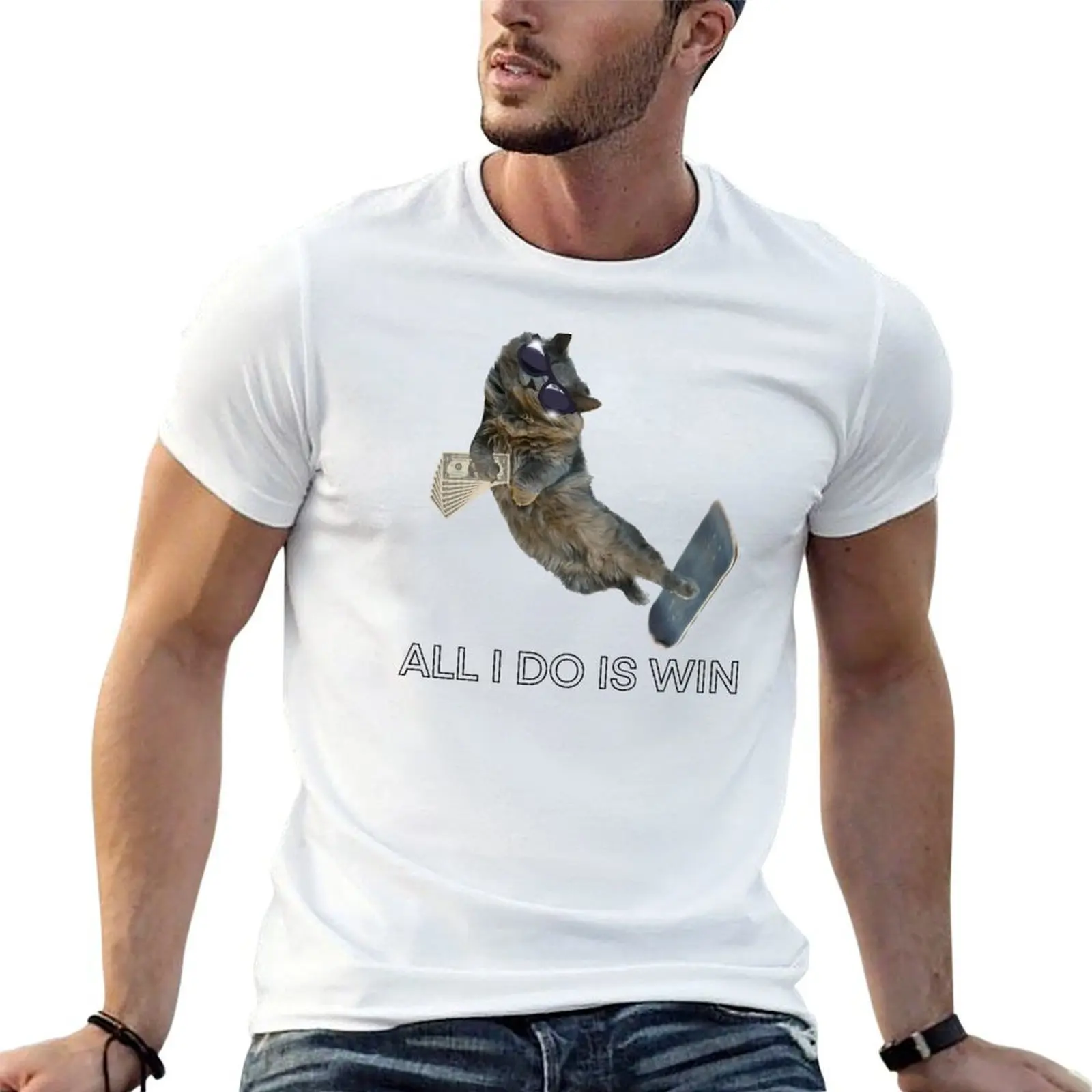 Skating cat “all I do is win” T-Shirt funny meme t-shirts cotton graphic tees mens graphic t-shirts big and tall