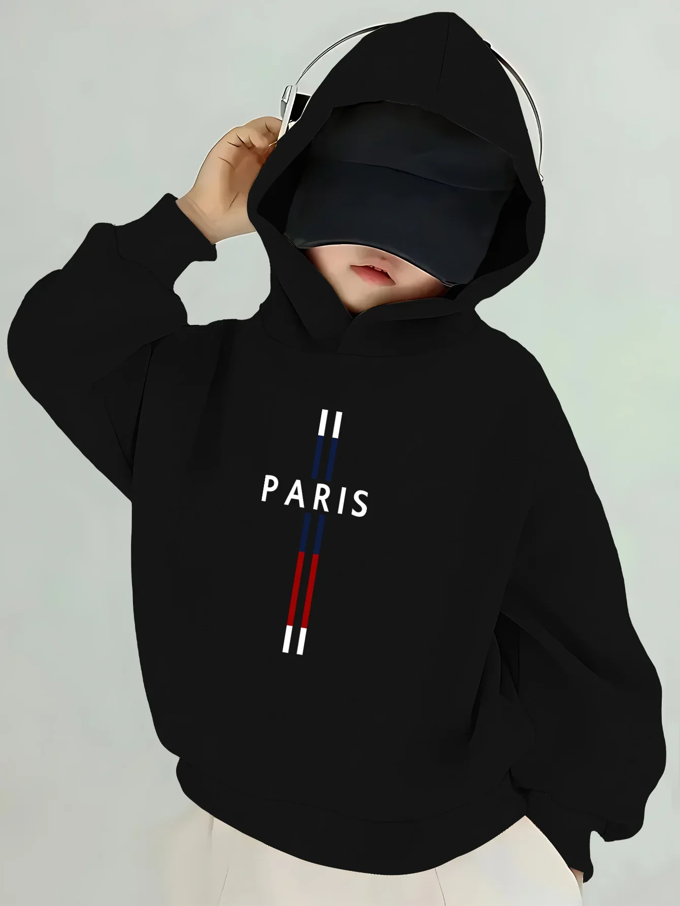 Kids Paris French Flag Graphic Printed Grey Hoodie Boys Girls Vertical Stripe Sweatshirt Loose Autumn Winter Pullover Top