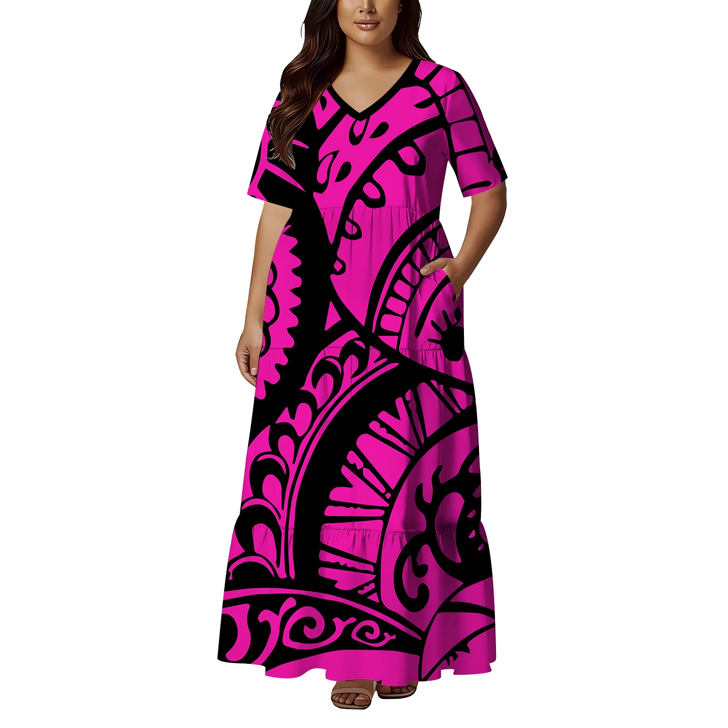 Summer Style Vacation Style Women'S Pocket Design Tribal Ethnic Pattern Design Polynesian Loose V-Neck Slimming Dress
