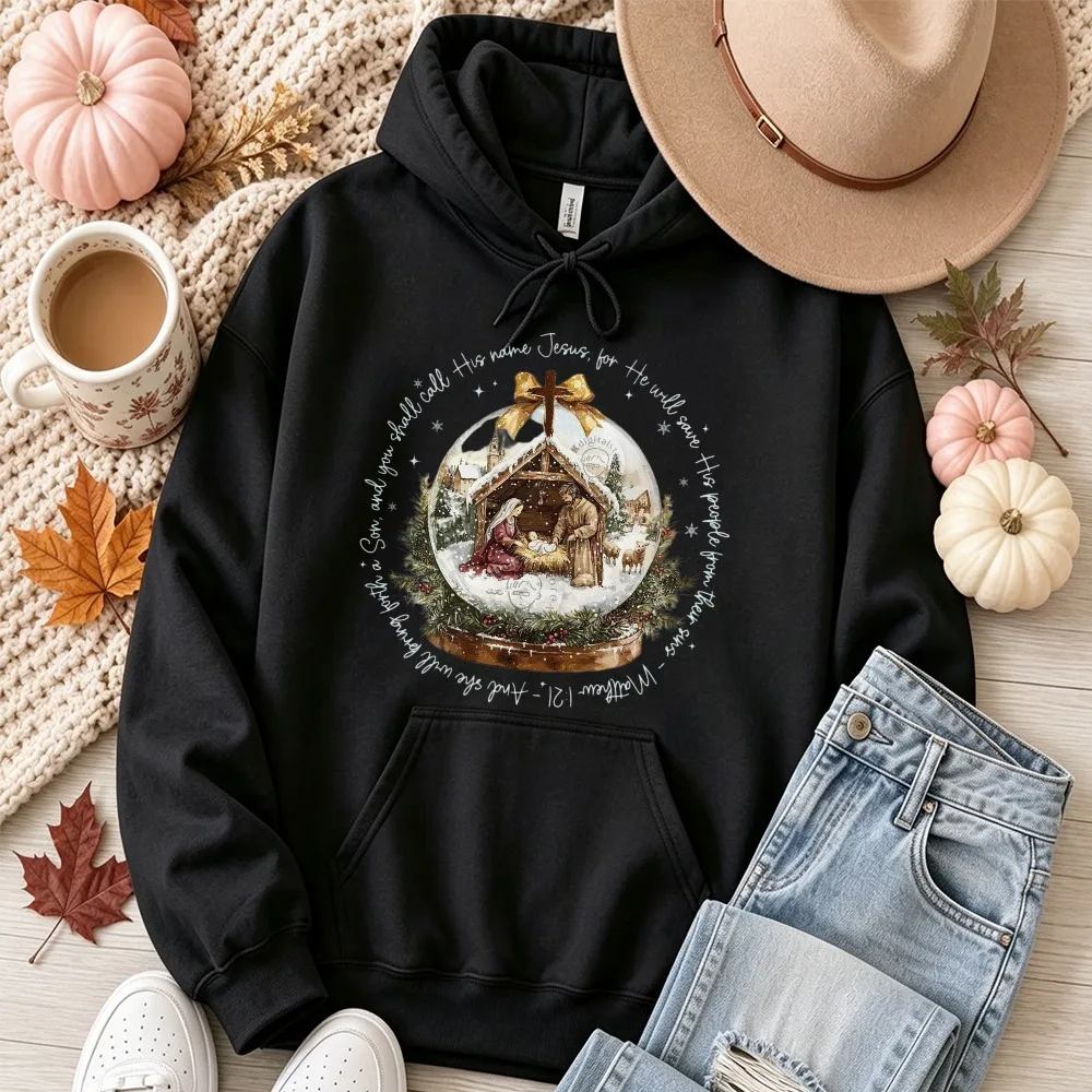 Nativity Snow Globe Bible Verse Pullover Hooded Sweatshirt Christmas Religious Holy Family Manger Cross Bow Print Casual Tops