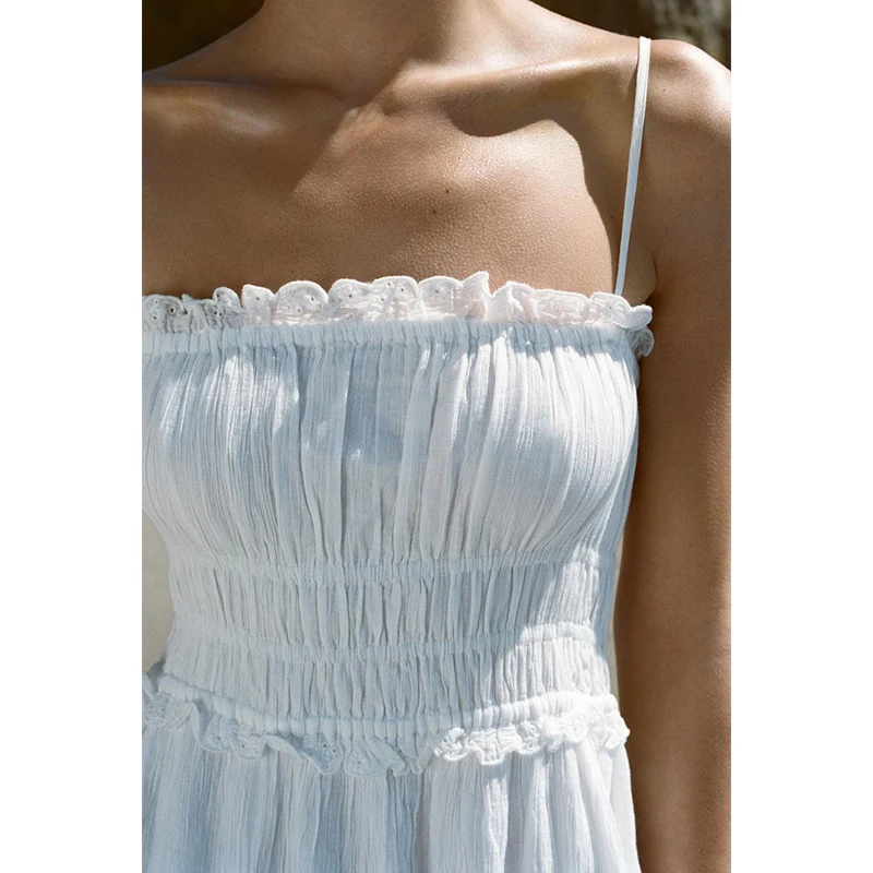 Vestido Midi F de Verão com Decoração Bordada em Camadas, Gola Solta, Estilo ter, Cintura Alta em Fibra de Poliéster