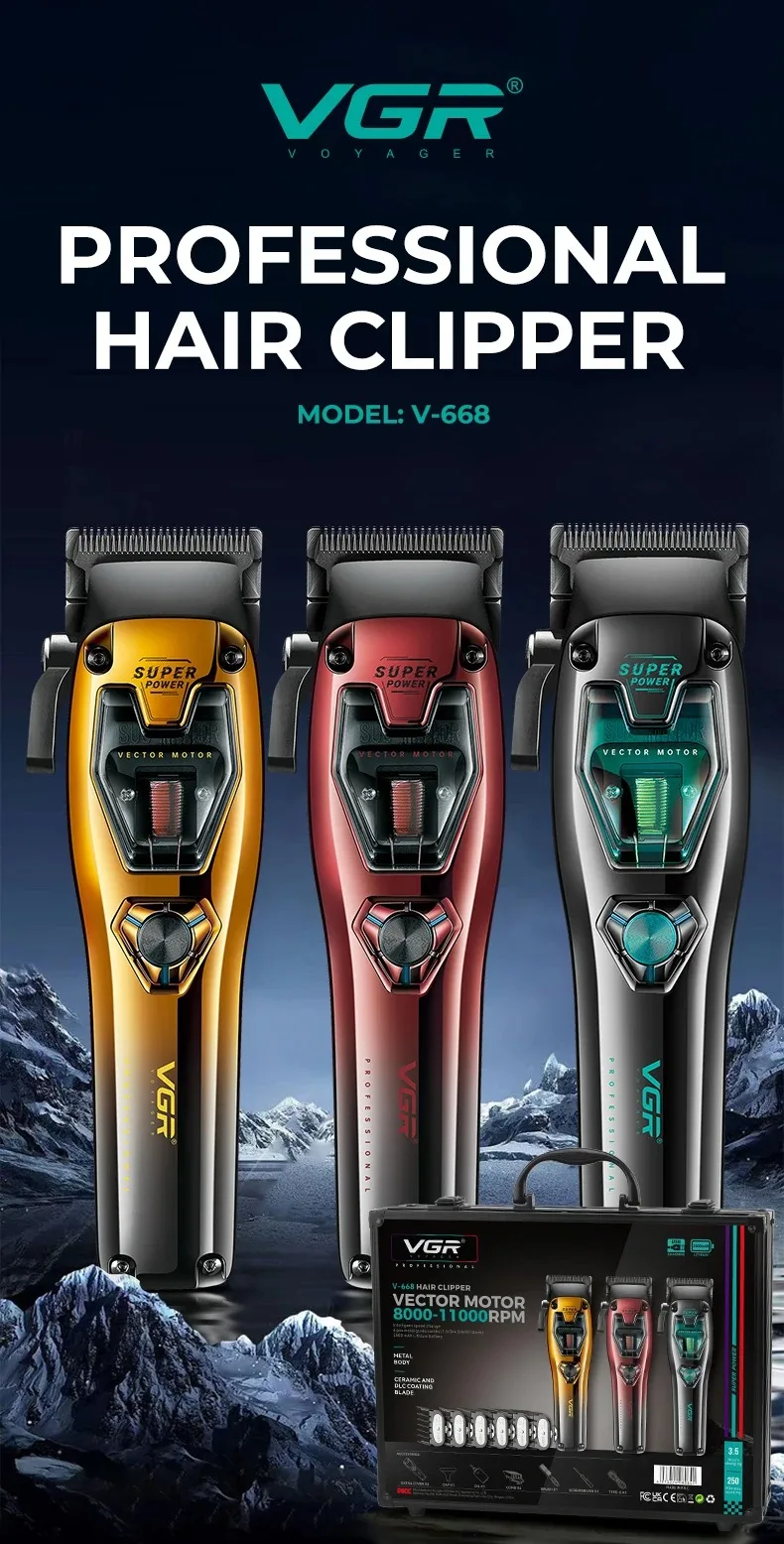 VGR Professional Hair Clippers Rechargeable Hair Trimmer Vector Motor 11000 RPM Haircut DLC Blade Clippers For man V-668 V-668T image 8