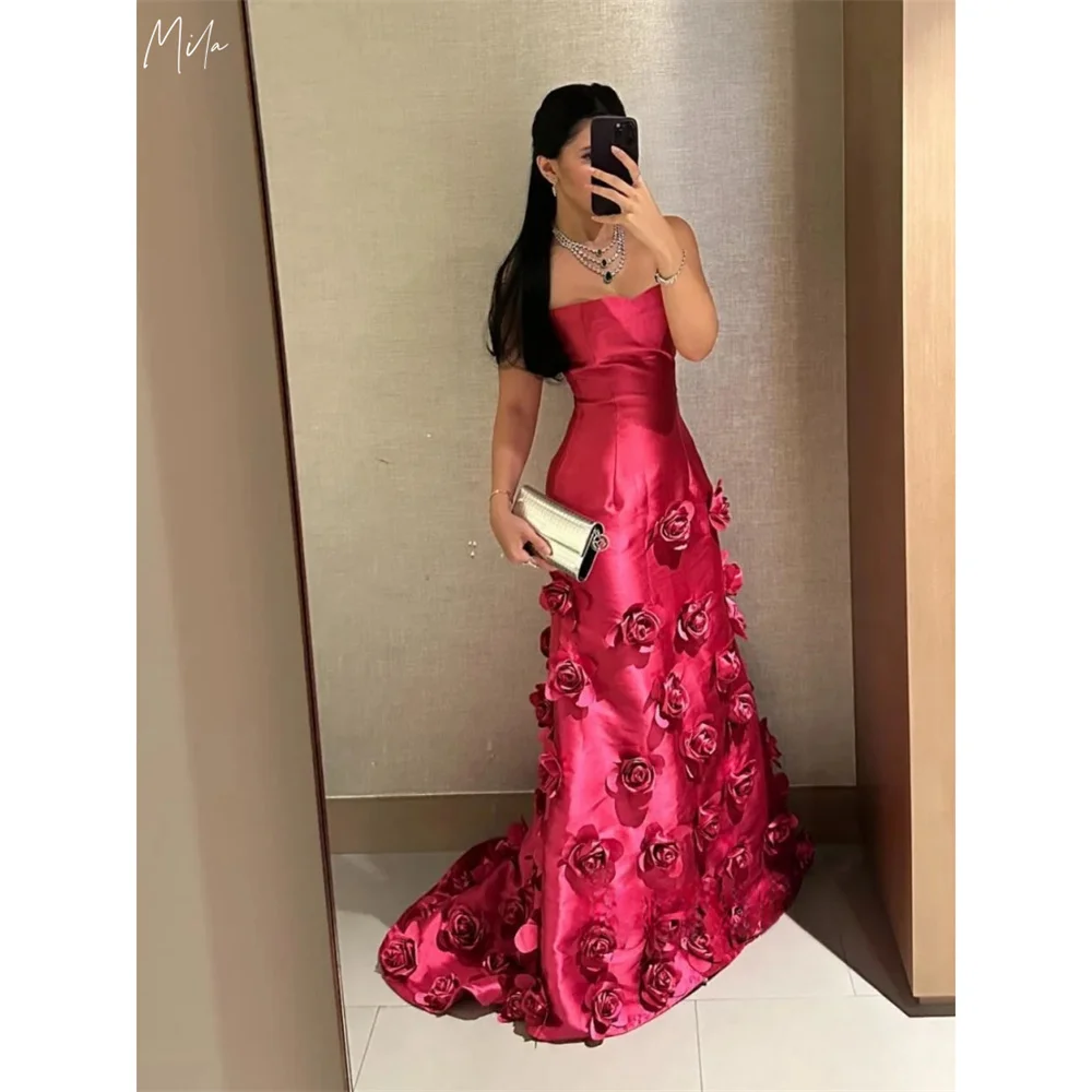 

Mila Red Mermaid Elegant Party Dresses 3D Flower Satin Court Train Prom Dress Zip Floor-Length Customized 15 Quinceanera Dresses