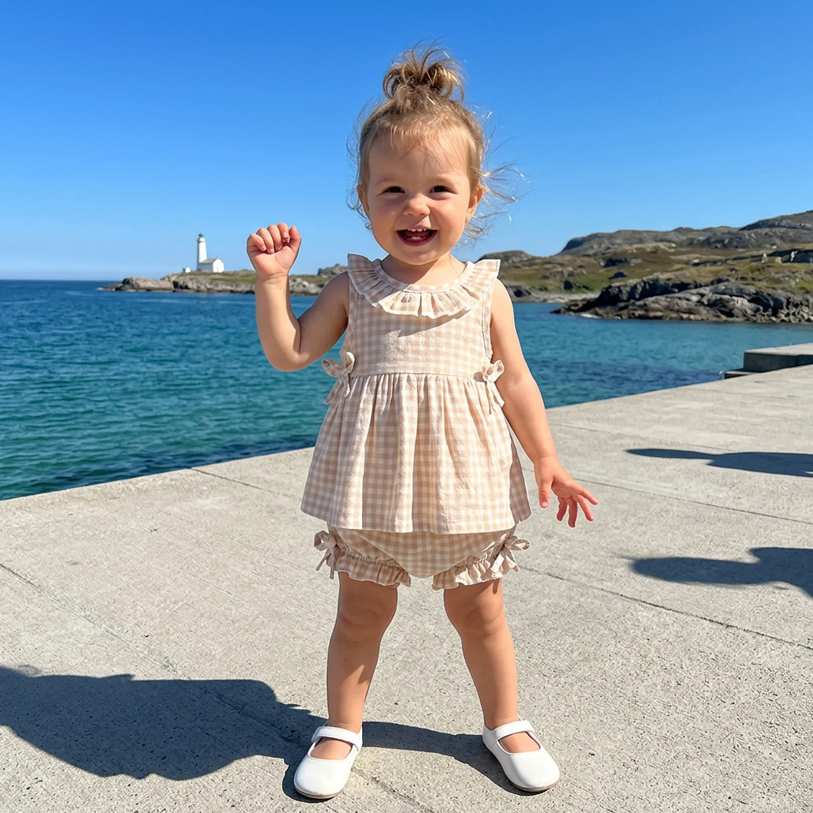Toddler Baby Girls Summer Plaid Outfits Fashionable Sleeveless Ruffled Crew Neck Tank Tops and Bow Decora Shorts 2Pcs Set