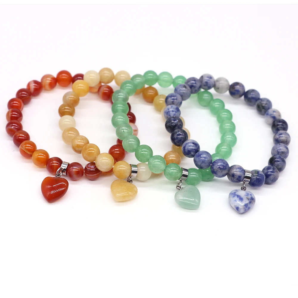 

Natural Stone 8mm Beads Heart-shaped Bracelet For Women Men Jewelry Agates Elastic Bangle Bracelets Stimulate Blood Circulation