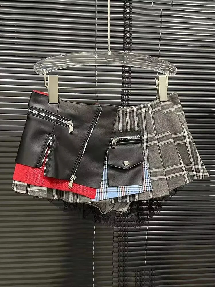 

Fashion Trendy Women's Patchwork Plaid Design Pleated Mini Skirts Summer New High Waist A-line Skirt Female