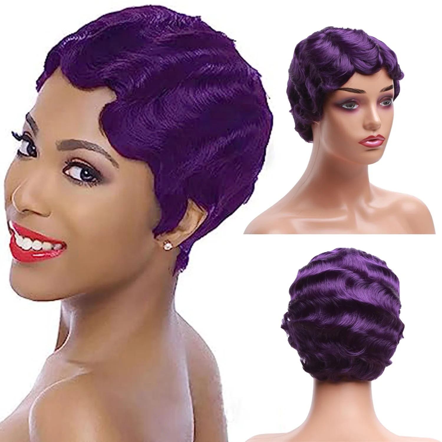 4 بوصة إصبع موجة الشعر الاصطناعية تموج الماء قصير مجعد الشعر الجنية حلاقة الإناث لعب الأدوار شعر مستعار ، رقيق ومقاومة للحرارة