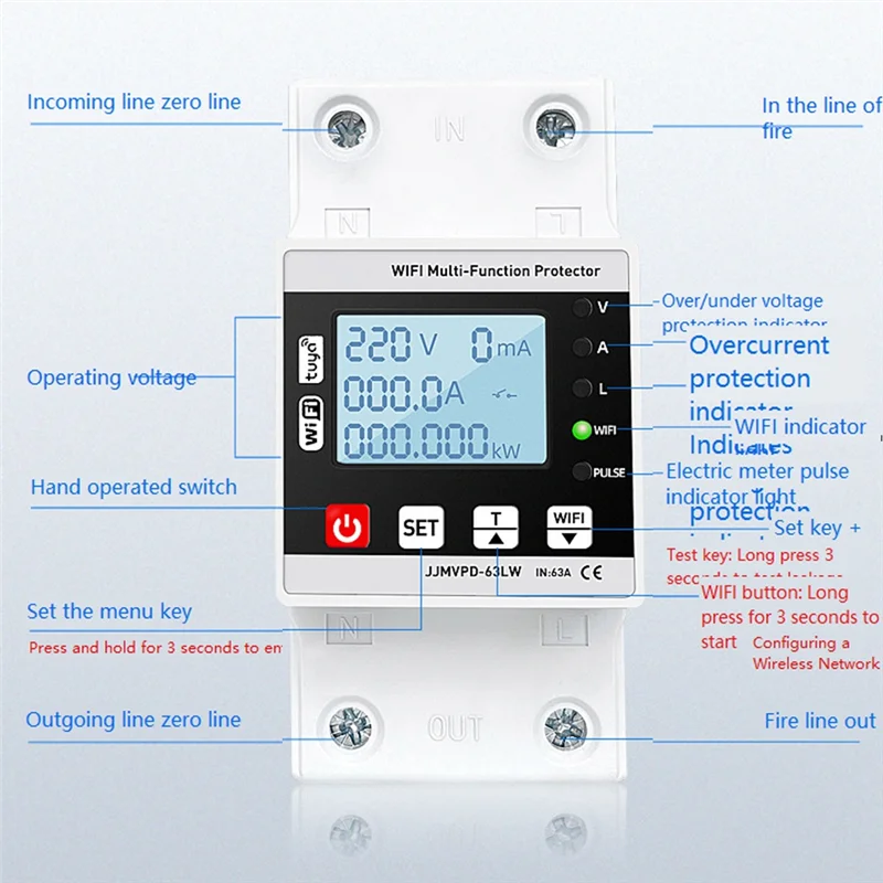 AA08-63A TUYA Wifi Smart Earth Leakage Over Under Voltage Protector Relay Circuit Breaker Energy Powers Kwh Meter