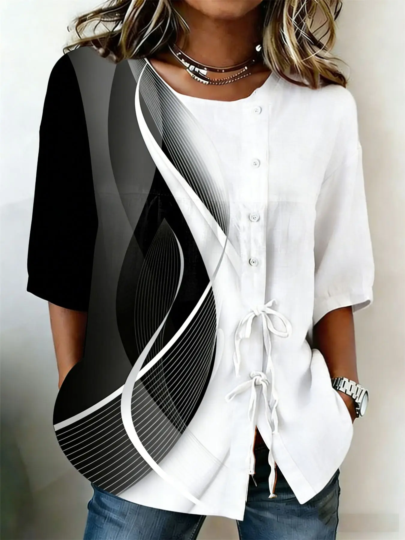 

Women's Black & White Abstract Wave Print Casual Blouse, Button Tie Front Loose Top with Pockets for Spring Summer Daily Wear