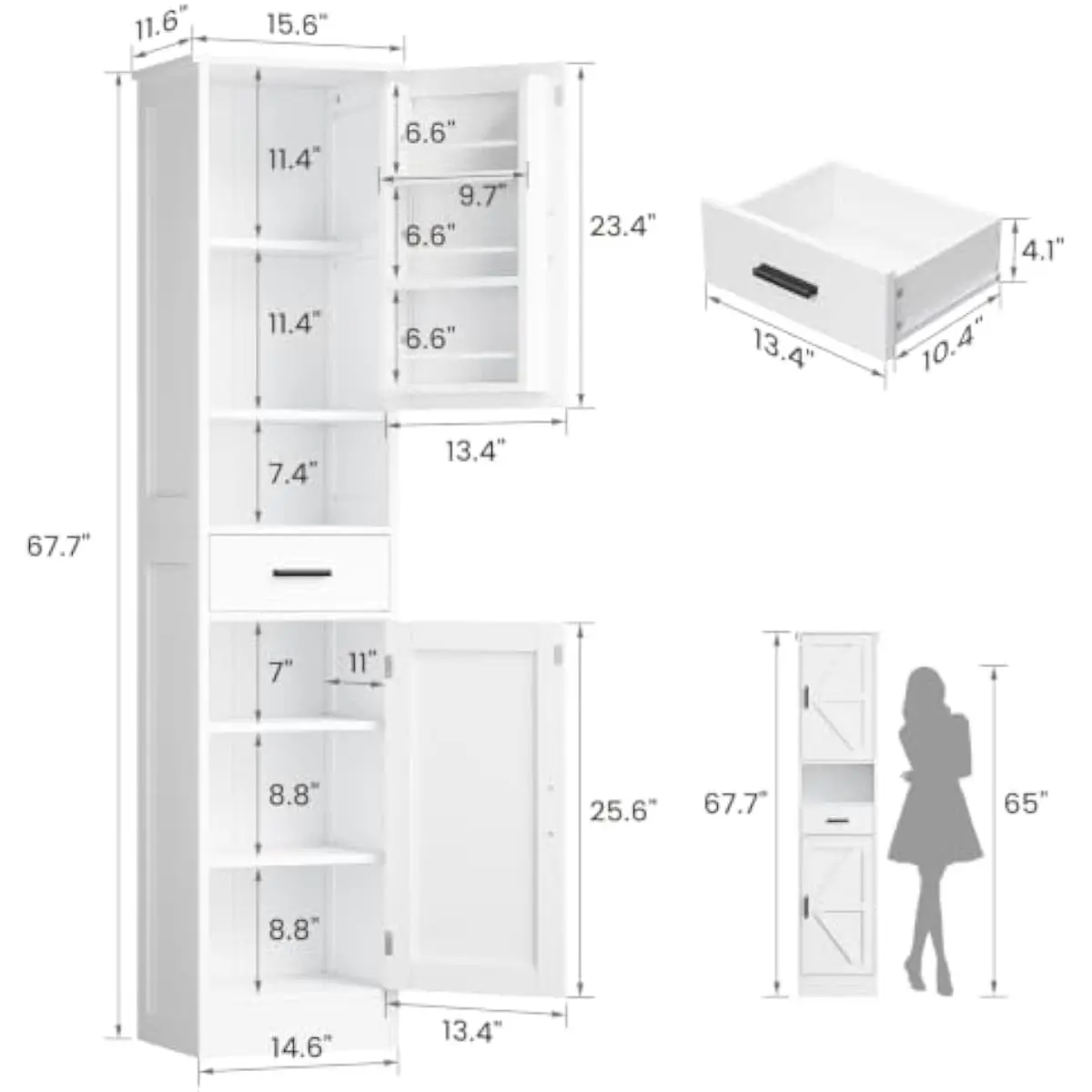 White Slim Tall Storage Cabinet 11.6x15.6x67.7 Inches with Two Doors One Drawer One Open Shelf Three Interior Shelves Two Adjust