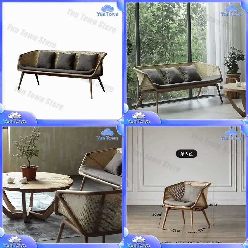 for Wabi Sandy Wind Solid Wood Rattan Sofa for Living Room Home Decor Japanese Style Lounge Seating Artistic Log Design