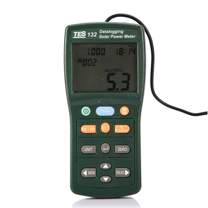 TES-132 Handheld Solar Power Meter Tester 400-1Knm Range 2000W/m2 & 634Btu/(ft2h) Data Logger SD Card 2G USB TES132