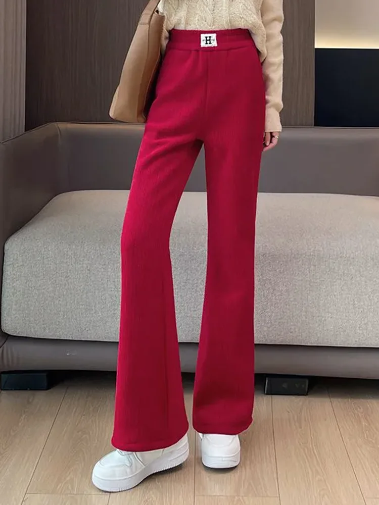 Winter Warm Slim Solid Flare Pants Women Elastic High Waist Fleece Lined Wide Leg Pantalones Casual Snow Wear Thicken Calca New
