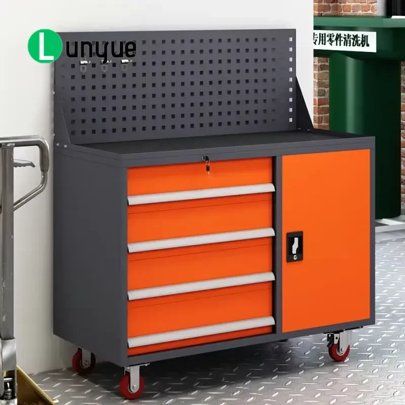 Heavy Duty Metal Tool Cabinet Trolley 5 Drawers Repair Workshop Parts Storage Locker Cart Orange Gray For Garage Industrial