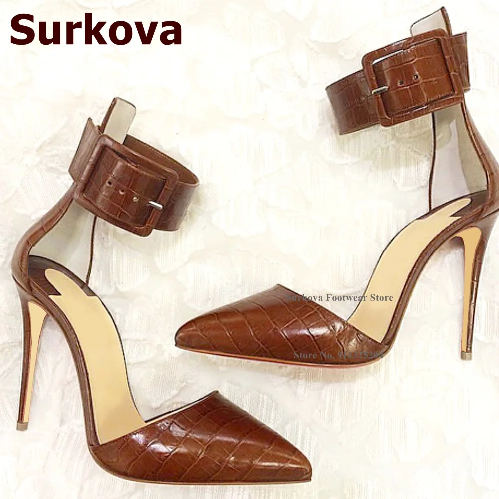 Surkova Brown Crocodile High Heel Shoes Stiletto Ankle Big Square Buckle Strap Pointed Toe Pumps Sexy Snakeskin Dress Shoes