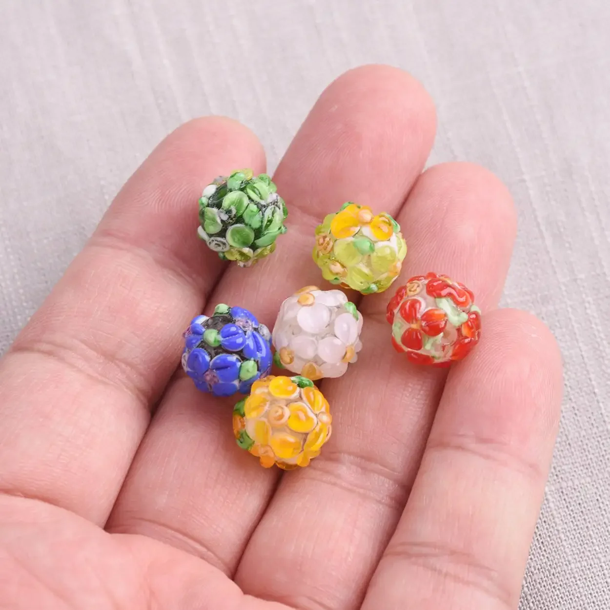 5pcs 12mm Round Charms Flower Petals Handmade Lampwork Glass Loose Beads for Jewelry Making DIY Crafts Findings