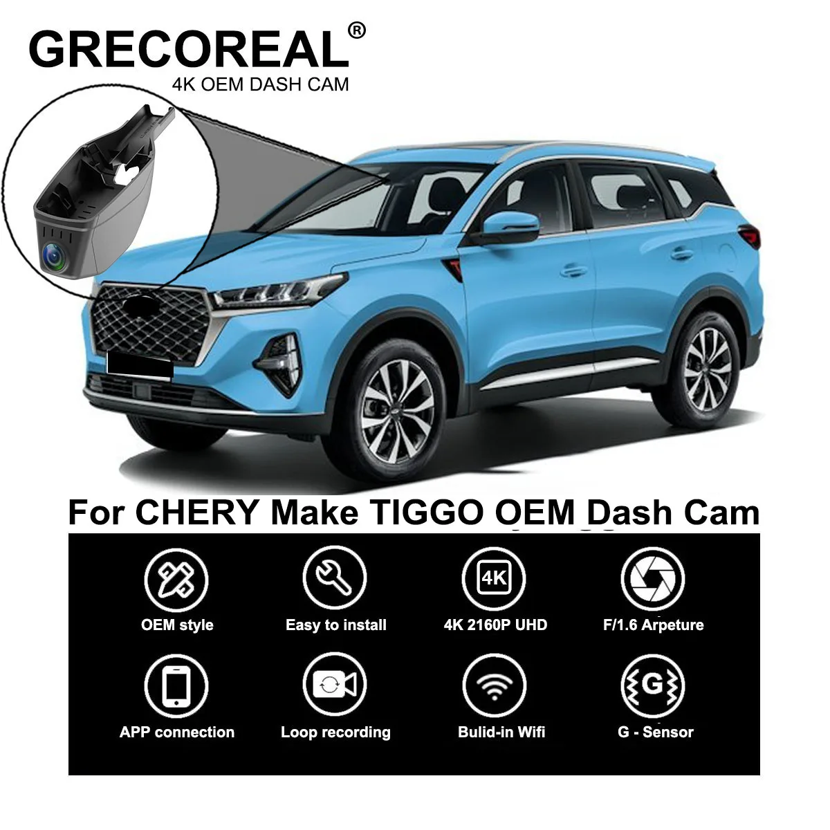 GRECOREAL 4K Dash Cam Front Rear WiFi Dual Dashcam Plug Play Compatible with Chery Tiggo 7 Pro Plus DR F35 6.0 Sportequipe 6