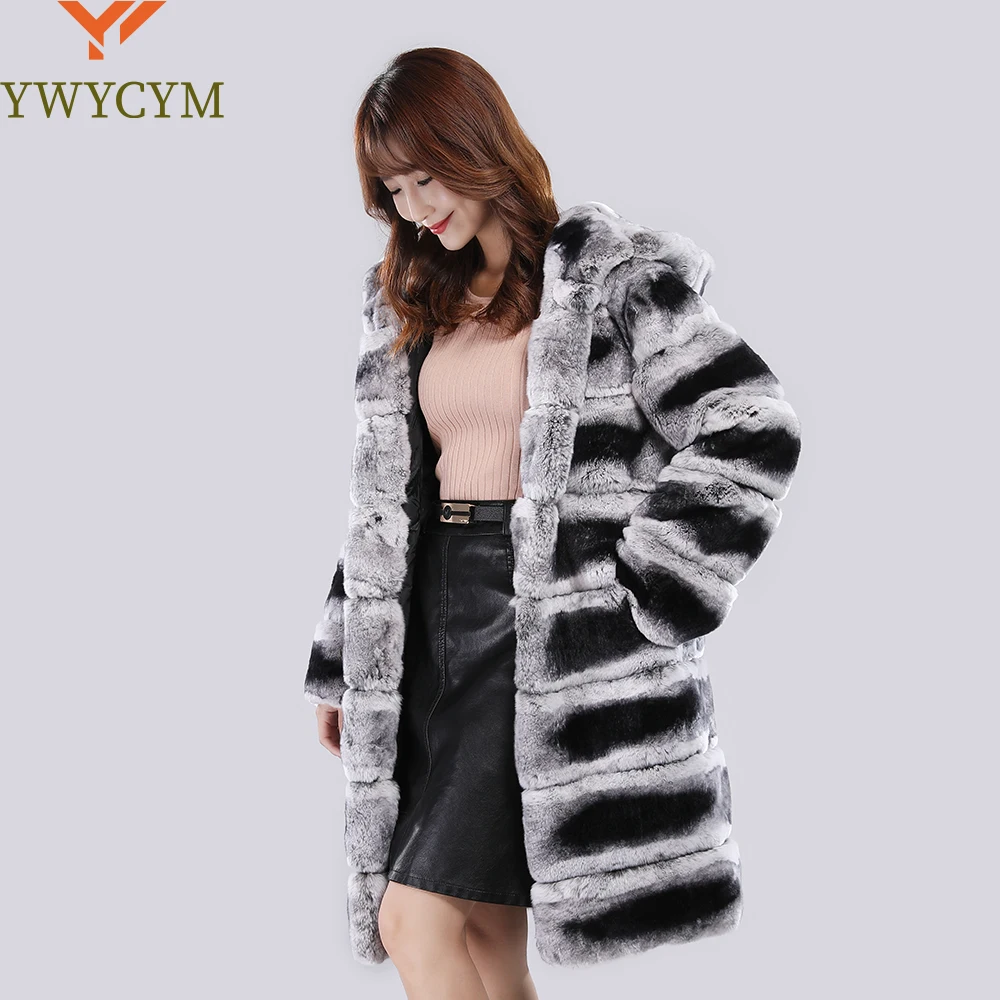 

New Real Fur Coat With Hood Jacket Long Winter Coat Large Fur Hood Rex Rabbit Chinchilla Fur Hooded Jacket Women Real Fur Coat