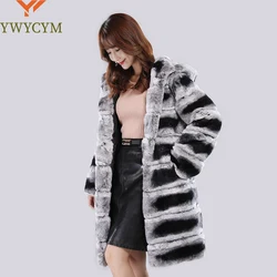 New Real Fur Coat With Hood Jacket Long Winter Coat Large Fur Hood Rex Rabbit Chinchilla Fur Hooded Jacket Women Real Fur Coat