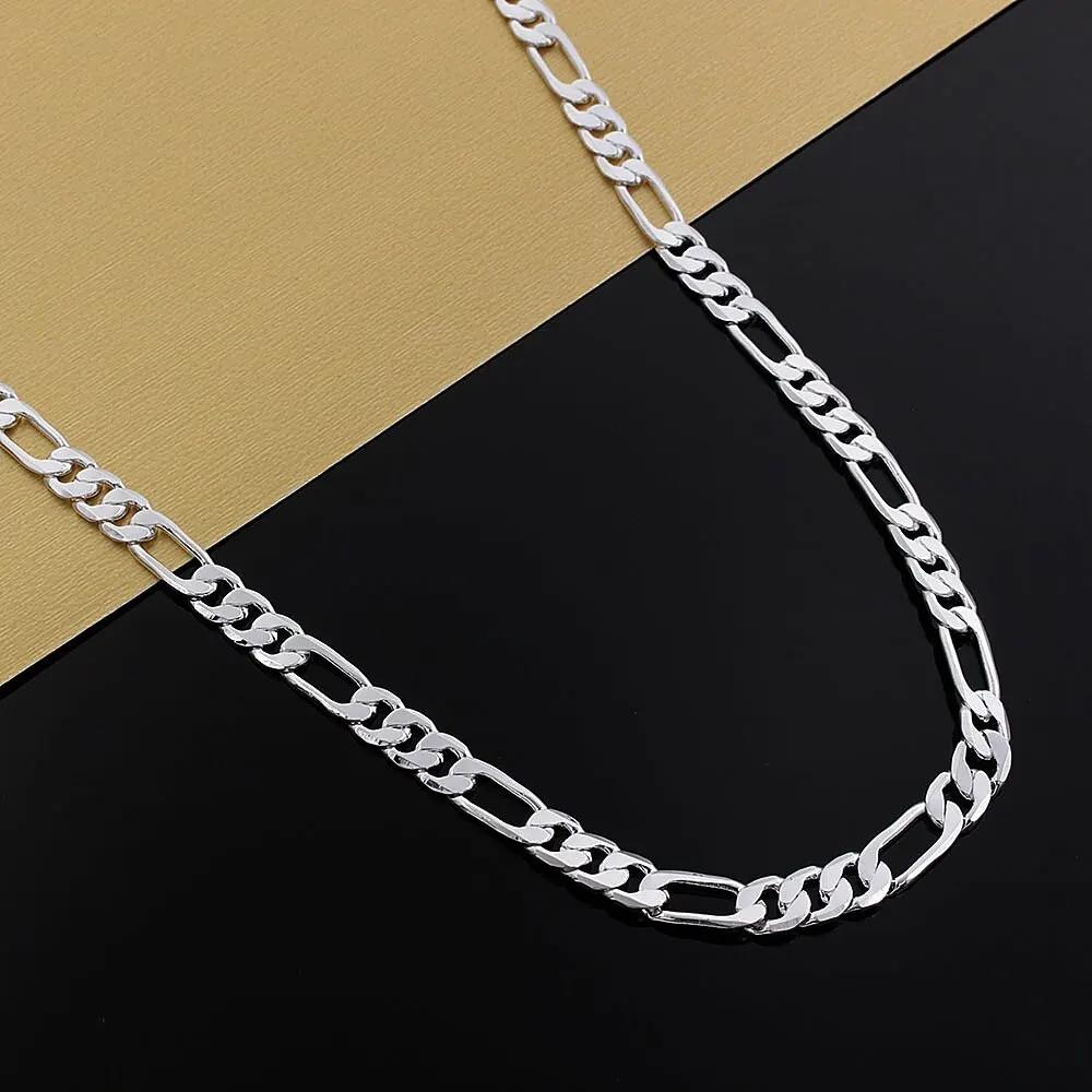 6mm Flat Chain Silver Color Solid Necklace Fashion Jewelry Women Men Wholesale High Quality Wedding Gift