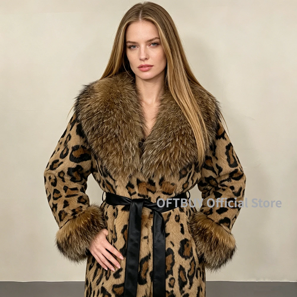 

OFTBUY Real Rabbit Fur Coat Women Fashionable Leopard Print Long Fox Collar Fur Jacket One-piece Thickened Warmth Autumn Winter