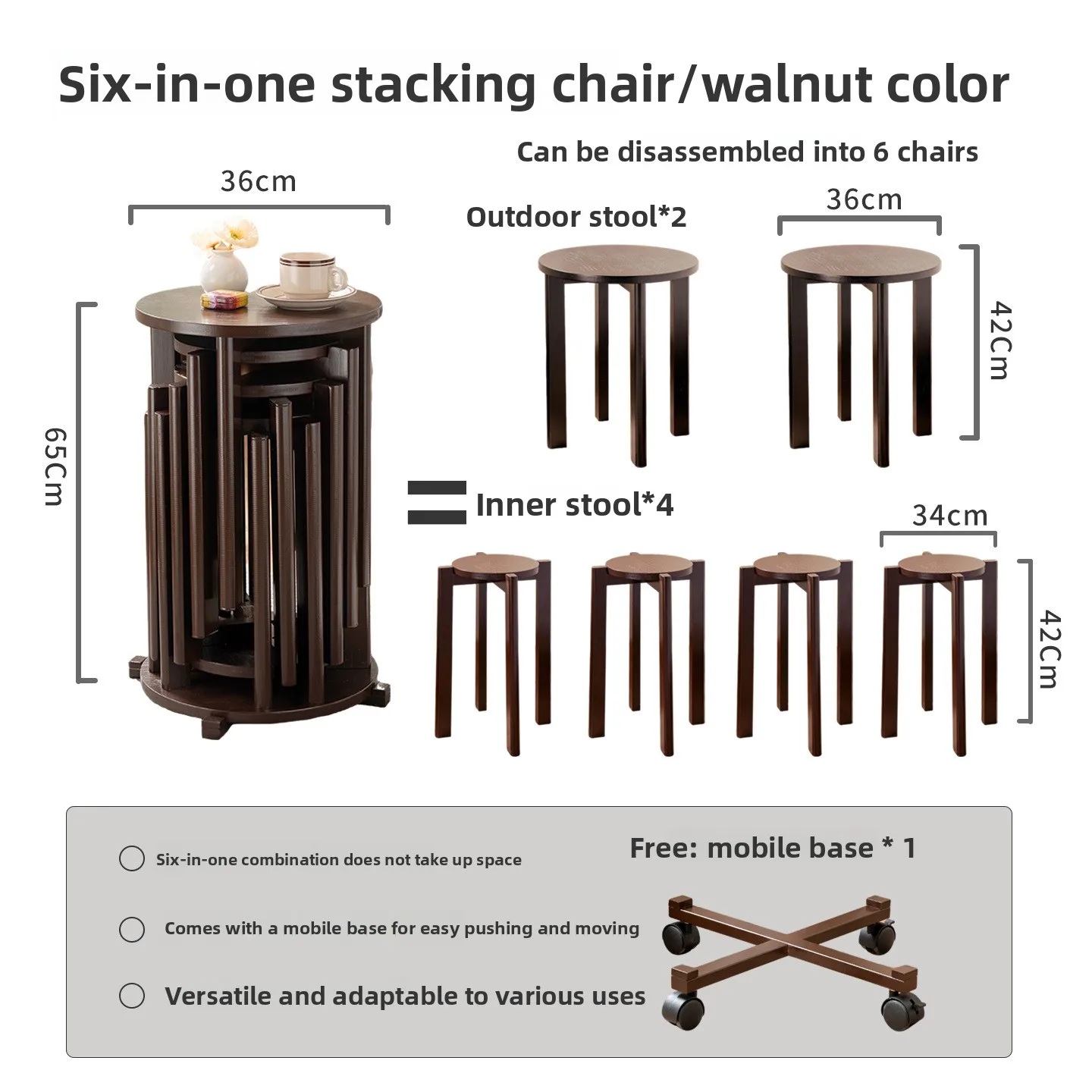 The stool can be stacked six-in-one solid wood stacked music round stool household spare dining table stacked storage wooden