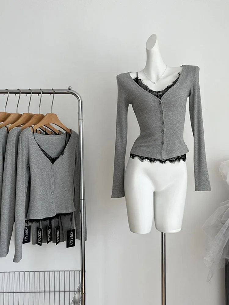 2000s Aesthetic Outfits 2 Piece Set Gyaru Off Shoulder Lace Camisole Clubwear + Grey Chic Cardigan Fashion Coquette Hight Street