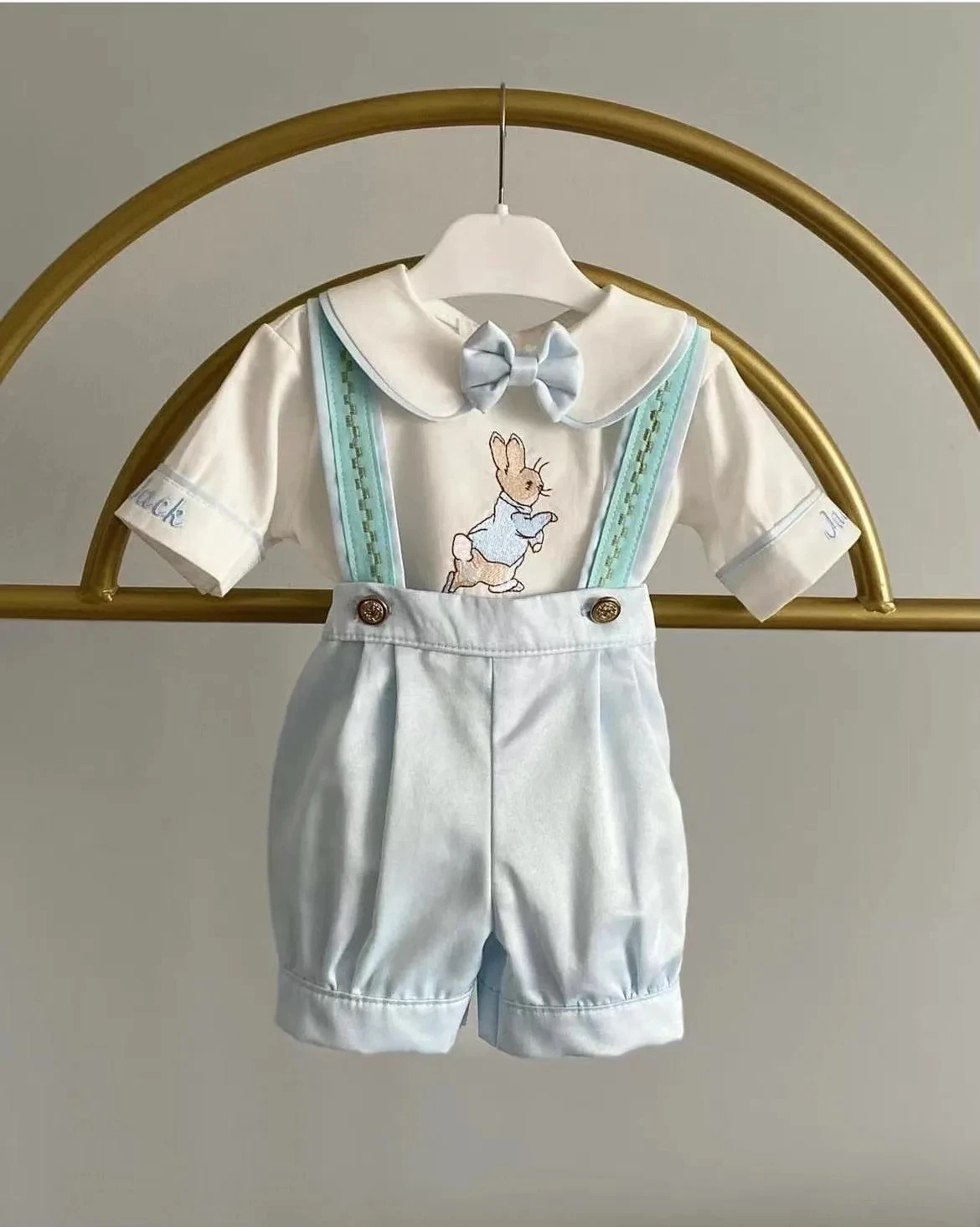 0-12Y Baby Boy Summer Rabbit Embroidery Blue Rompers White Shirt Set for Easter Eid Birthday