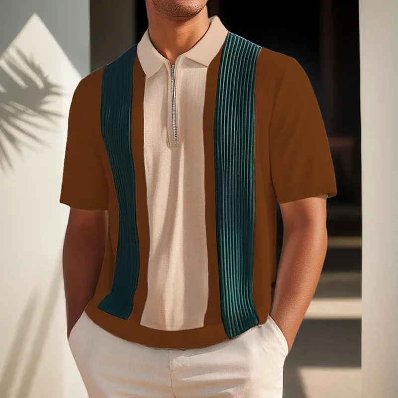 

Классическая полосатая вязаная крючком лоскутная рубашка-поло мужские вязаные тонкие рубашки-поло с короткими рукавами на молнии 2025 летняя мода мужские поло топ